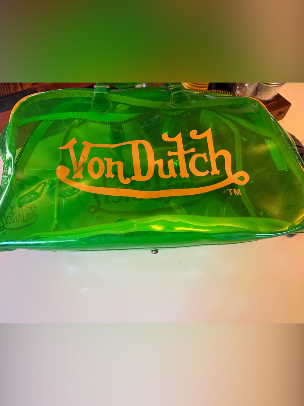 Von Dutch Green Transparent Vinyl Bag with Orange Logo